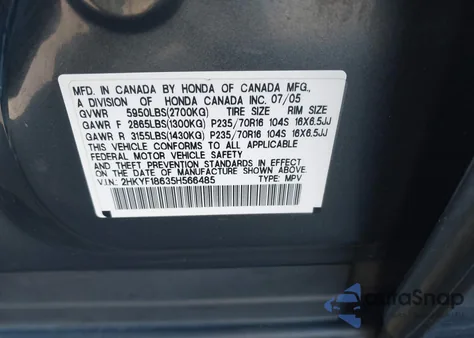 2005 Honda Pilot Ex-L из США, поврежденный, VIN 2HKYF18635H566485